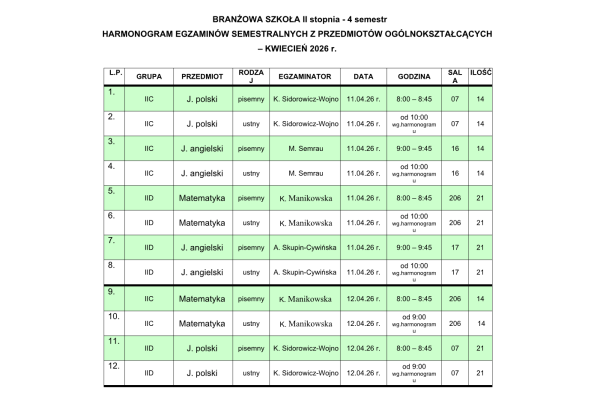 harmonogram egzaminów